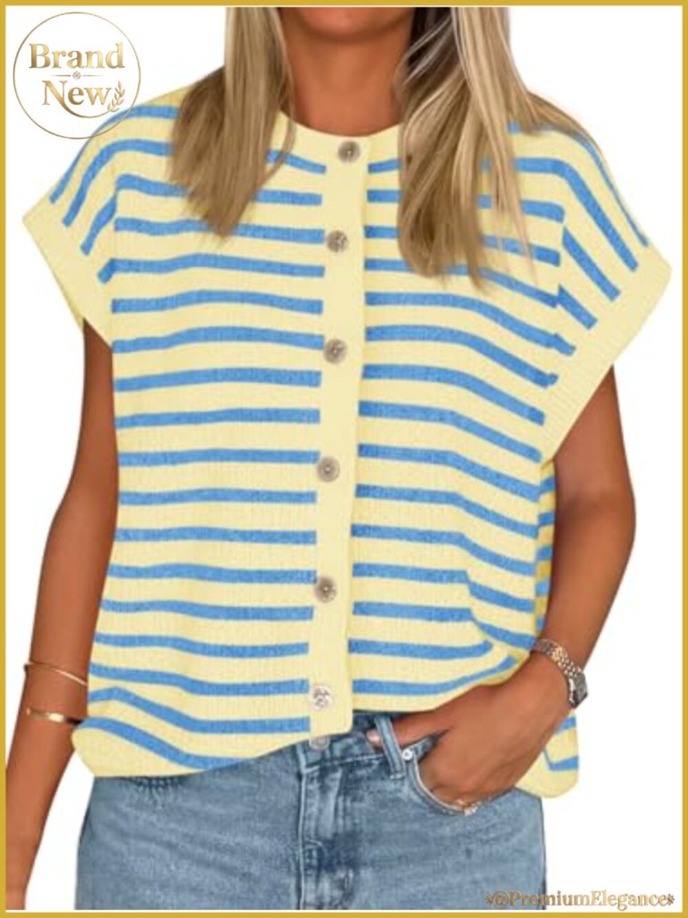 Striped Cap Sleeve Sweater Vest Button Down Cardigan Knit Top